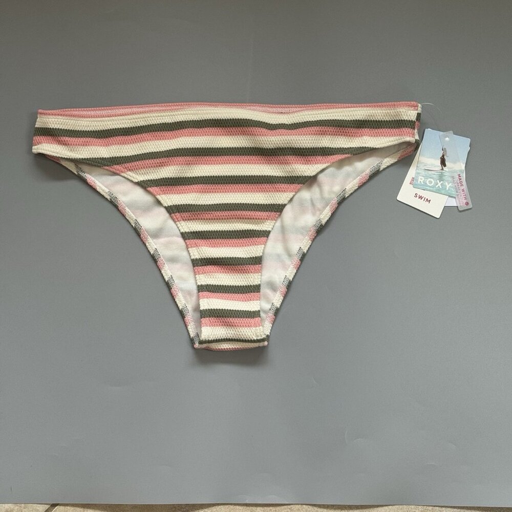 Roxy Saidia Moderate Back Bikini Bottom Pink Green Cream Stripe X-Large NEW